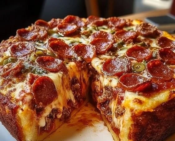 Ultimate Deep-Dish Meat Lover's Pizza Pie with layers of meat and cheese