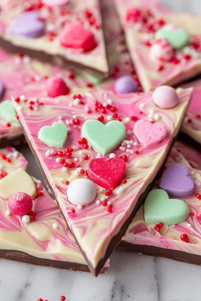 Valentine's Day chocolate bark adorned with heart-shaped sprinkles.