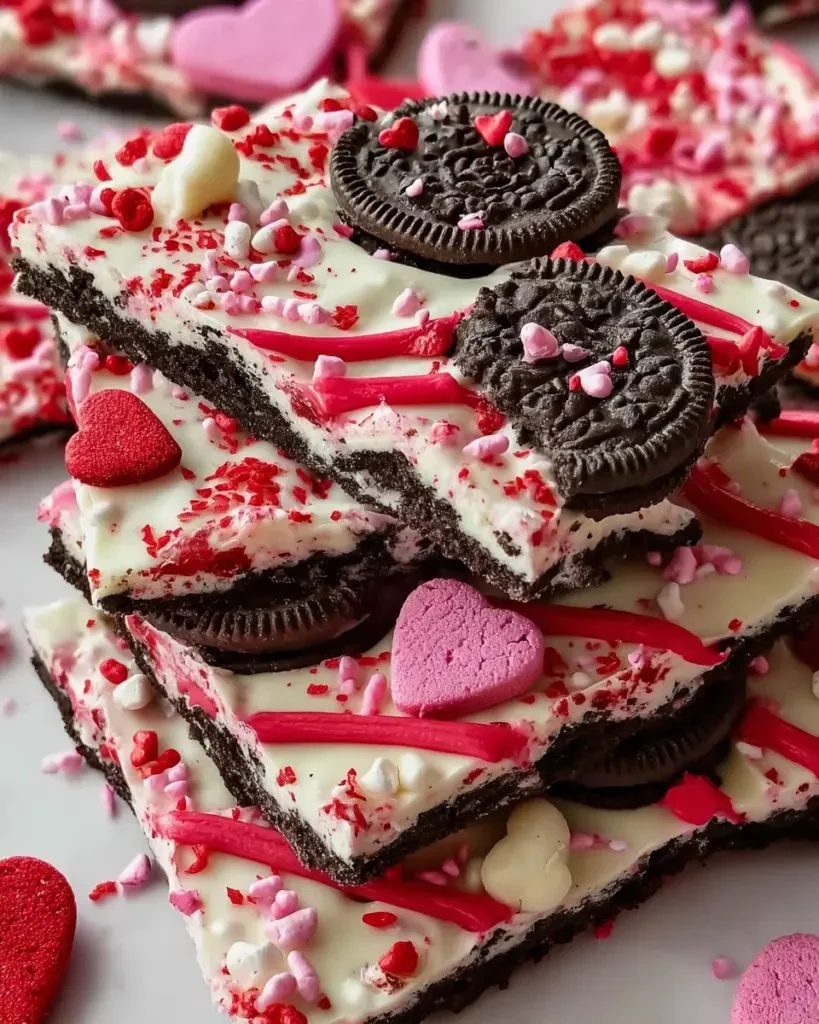 Delicious Valentine's Day Oreo cookie bark with chocolate and crushed Oreos