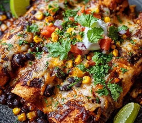 Plate of vegetarian black bean enchiladas garnished with cilantro and avocado.