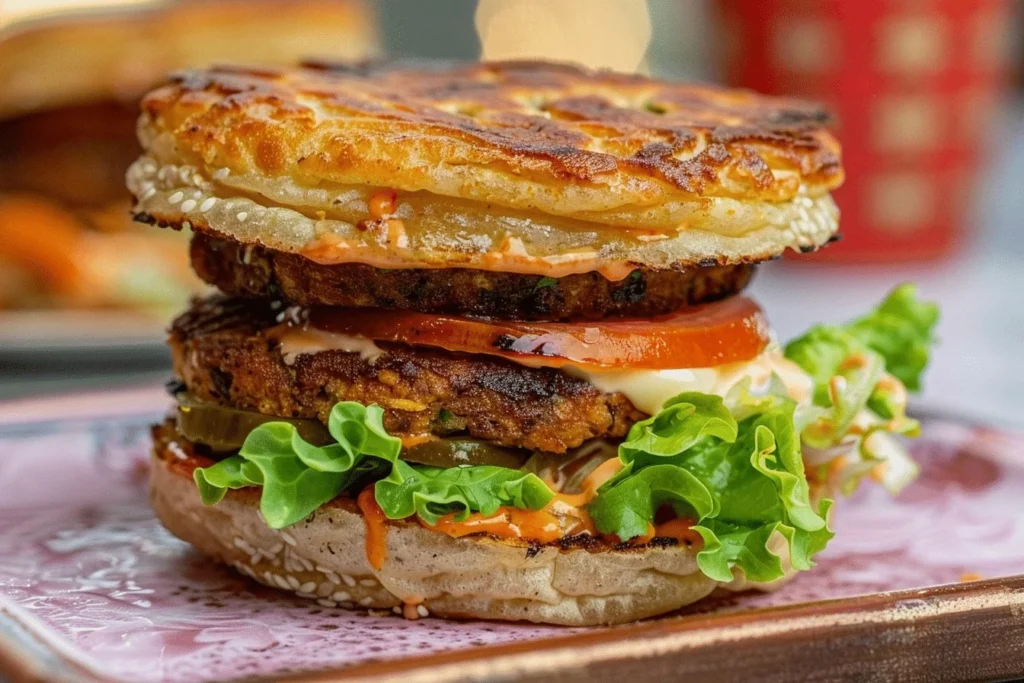 Viral Dubai Veggie Smash Burger served with layered flatbread buns