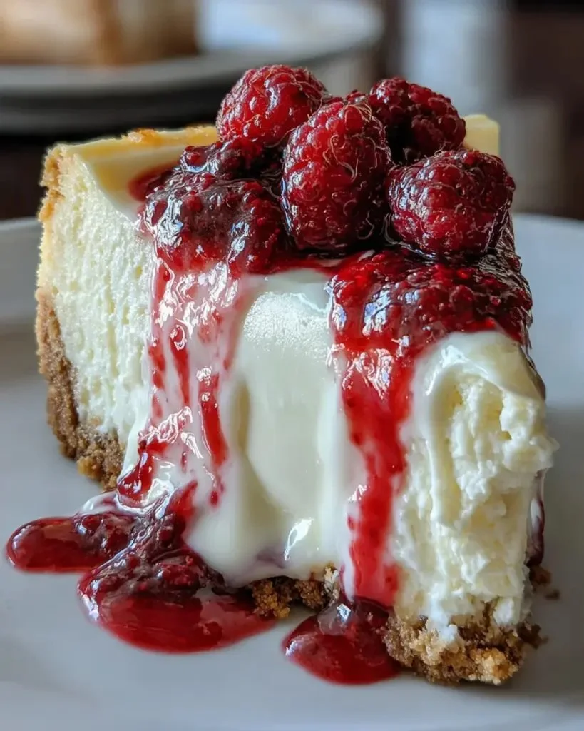Delicious slice of white chocolate raspberry cheesecake topped with fresh raspberries