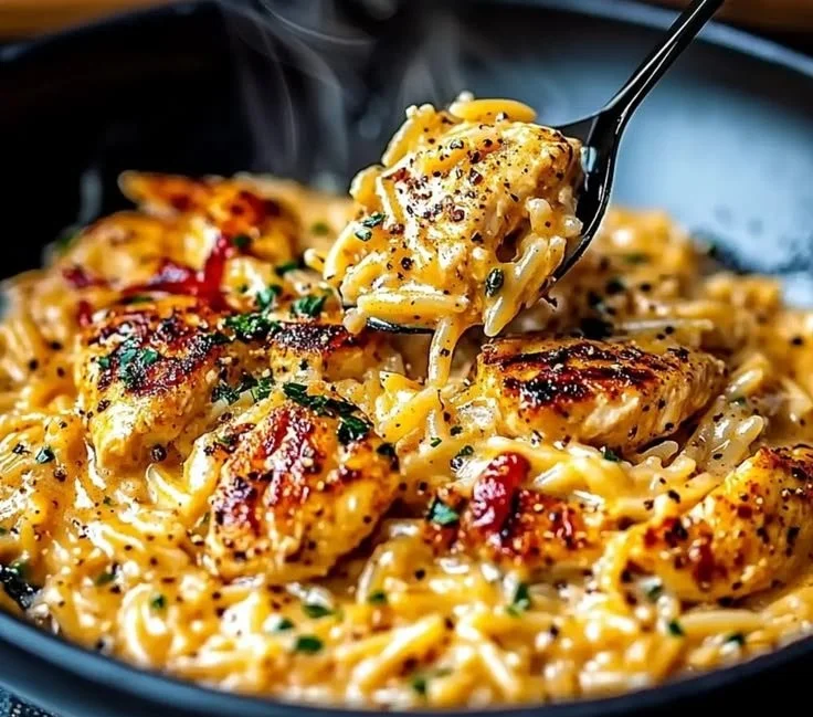 Bowl of 1 Pot Cajun Chicken Alfredo Orzo topped with spices