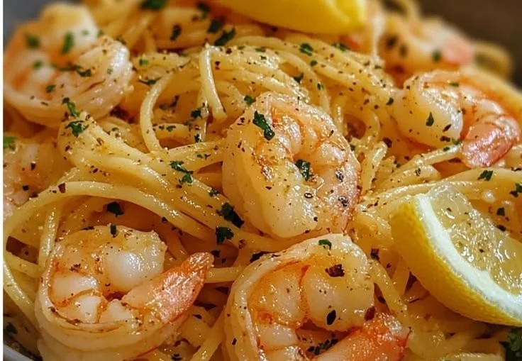 Delicious lemon butter shrimp pasta served in a bowl with herbs