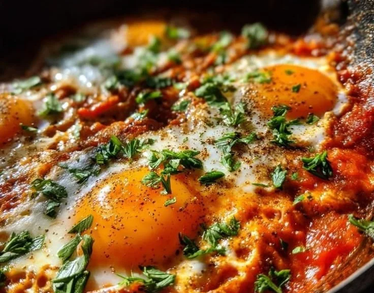Delicious 20-minute Shakshuka with eggs and tomatoes in a skillet