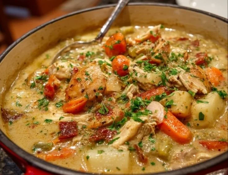 Bowl of hearty Alabama Chicken Stew with vegetables and herbs