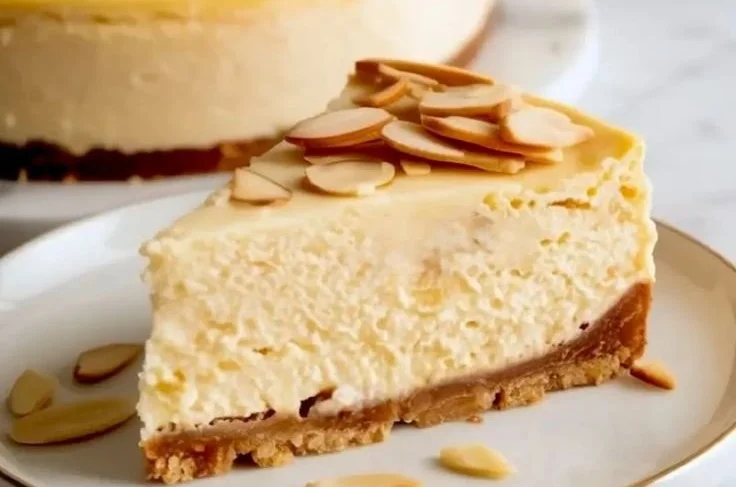 Delicious slice of Amaretto Cheesecake topped with almonds and chocolate drizzle.