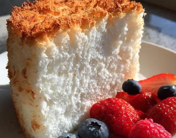 Slice of fluffy Angel Food Cake with fresh strawberries on a plate