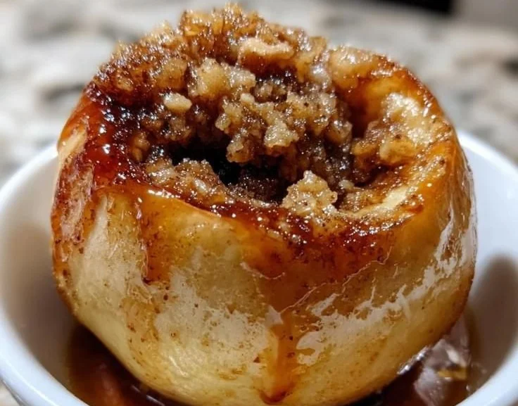 Delicious baked apples topped with cinnamon and nuts, served warm.