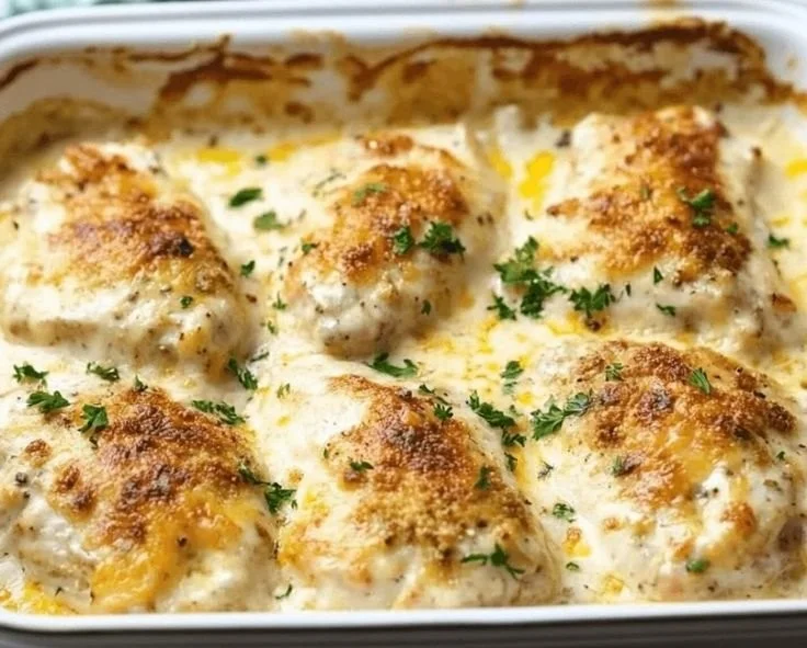 Baked cream cheese chicken served with herbs and garnishes on a plate