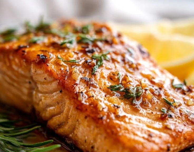 Baked salmon with honey garlic glaze on a plate garnished with herbs