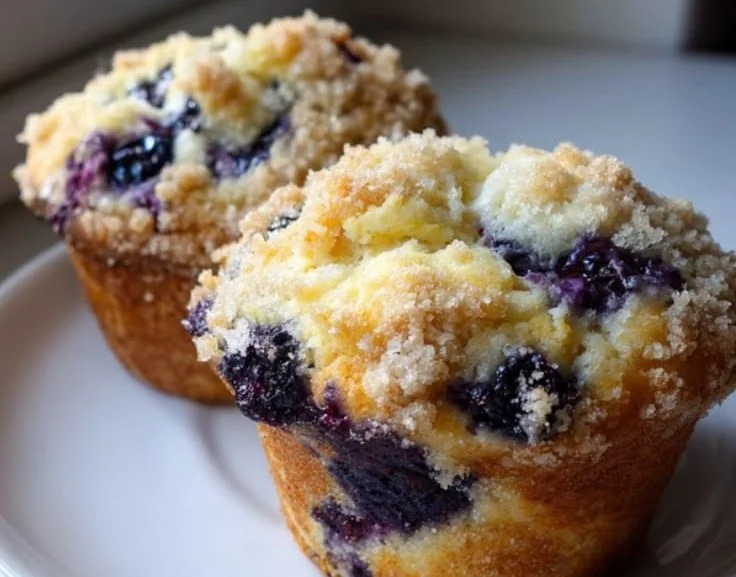 Freshly baked bakery-style blueberry muffins on a cooling rack