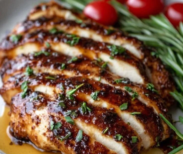 Juicy balsamic baked chicken breast garnished with herbs and served on a plate