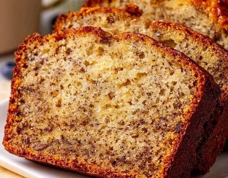 Freshly baked banana bread loaf with slices on a wooden board