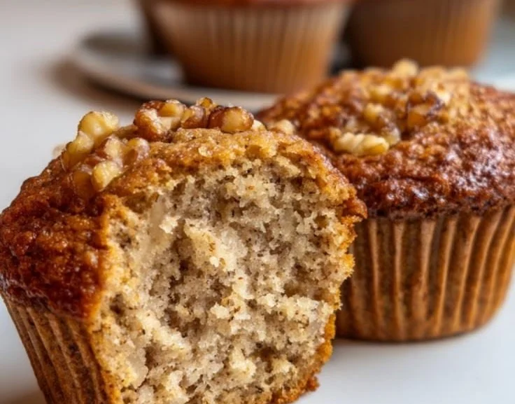 Freshly baked Banana Nut Muffins on a wooden table