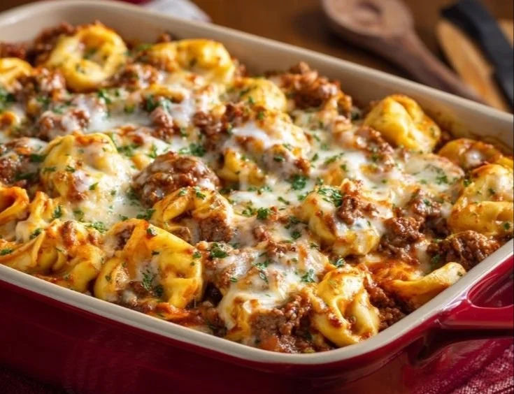 Delicious Beefy Tortellini Bake ready to serve in a casserole dish.