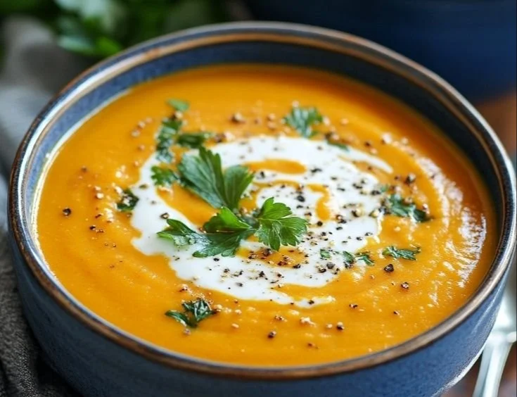 Bowl of vibrant carrot ginger soup garnished with fresh herbs
