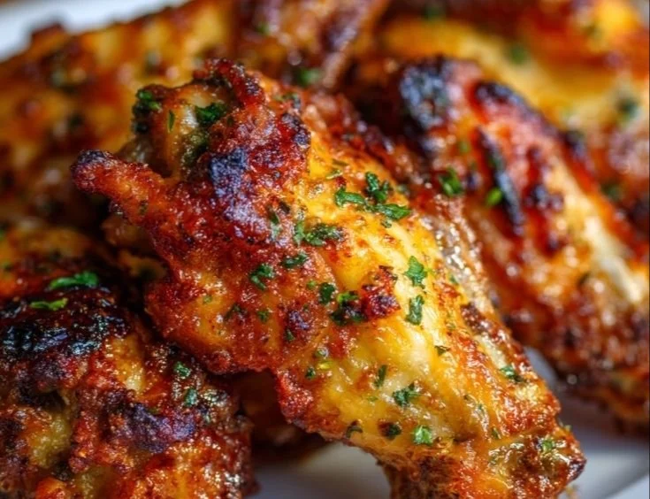 Delicious air fryer chicken wings on a plate garnished with herbs