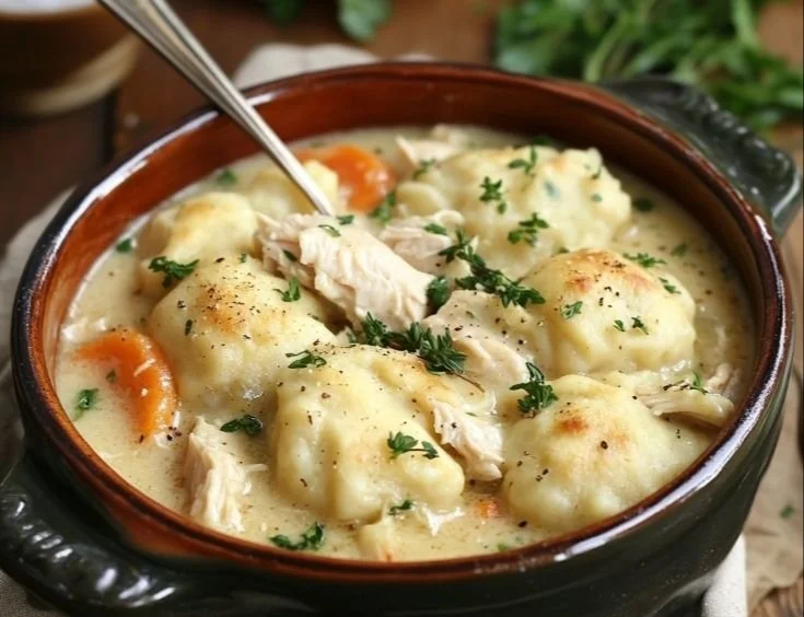 Bowl of best-ever chicken and dumplings with herbs