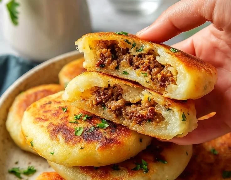 Delicious meat stuffed potato cakes served on a plate with garnishes