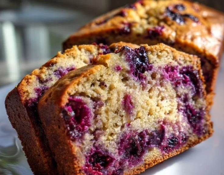 Delicious slice of blueberry banana bread with fresh blueberries on top