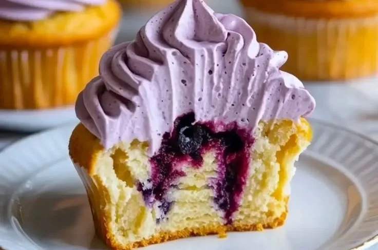Delicious blueberry cream cheese frosting on a cupcake