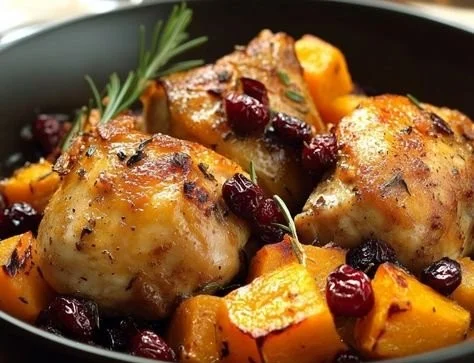 Braised chicken with butternut squash and cranberries served on a plate