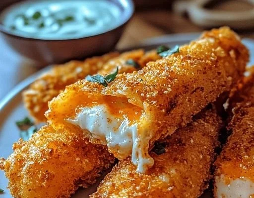 Buffalo Chicken Mozzarella Sticks served with dipping sauce