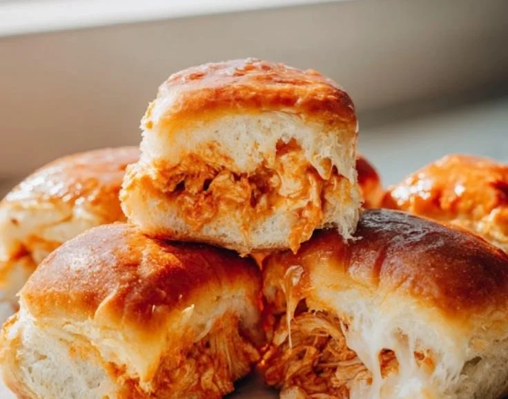 Buffalo Chicken Sliders topped with creamy blue cheese and served on a platter.