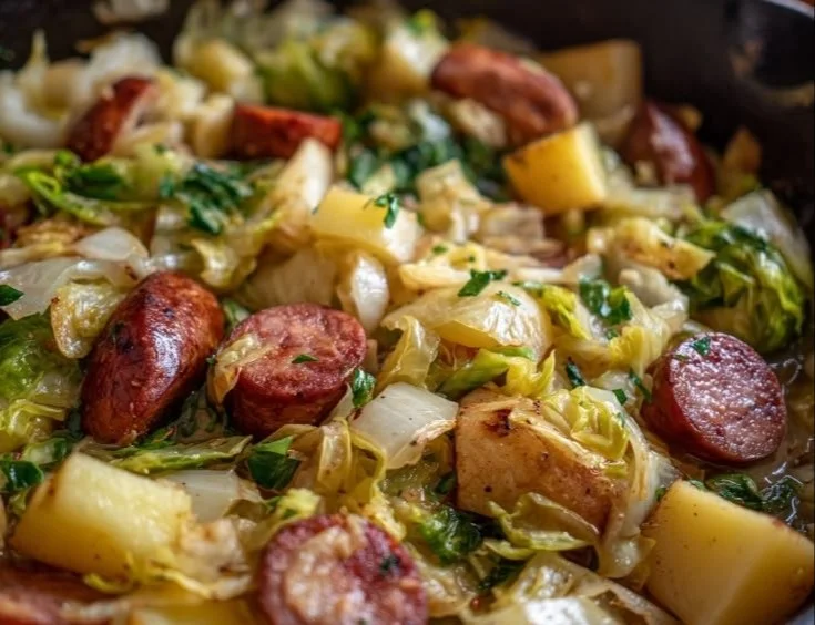 Hearty dish of cabbage, potatoes, and sausage served in a bowl