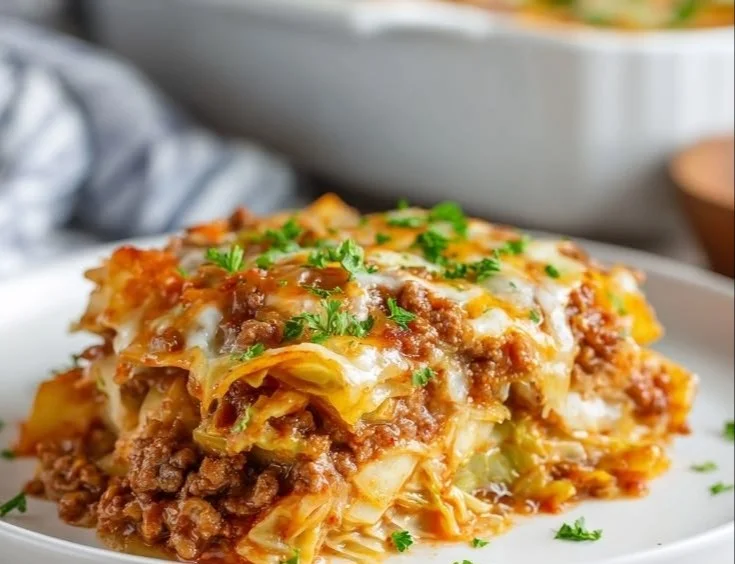 Delicious Cabbage Roll Casserole served in a baking dish with fresh herbs