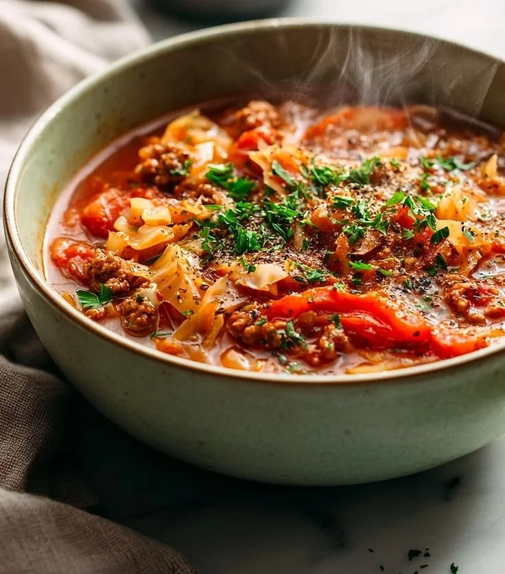 Delicious bowl of homemade cabbage roll soup garnished with herbs