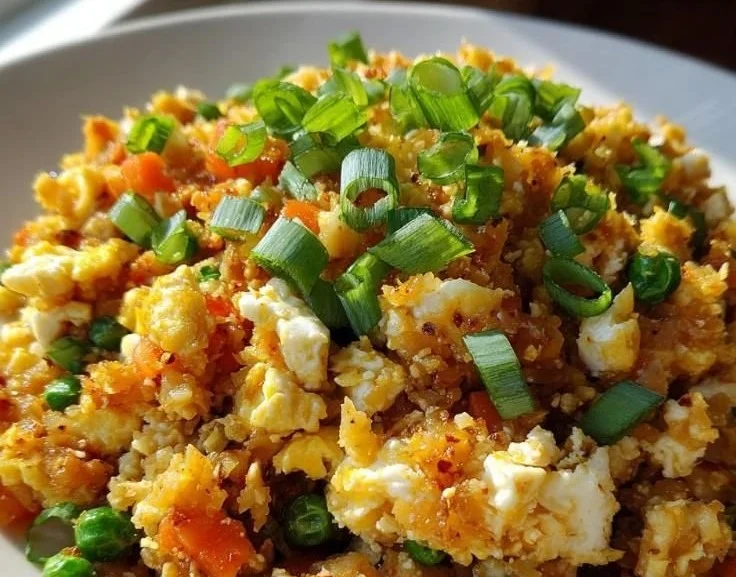 Bowl of cauliflower fried rice with vegetables and herbs