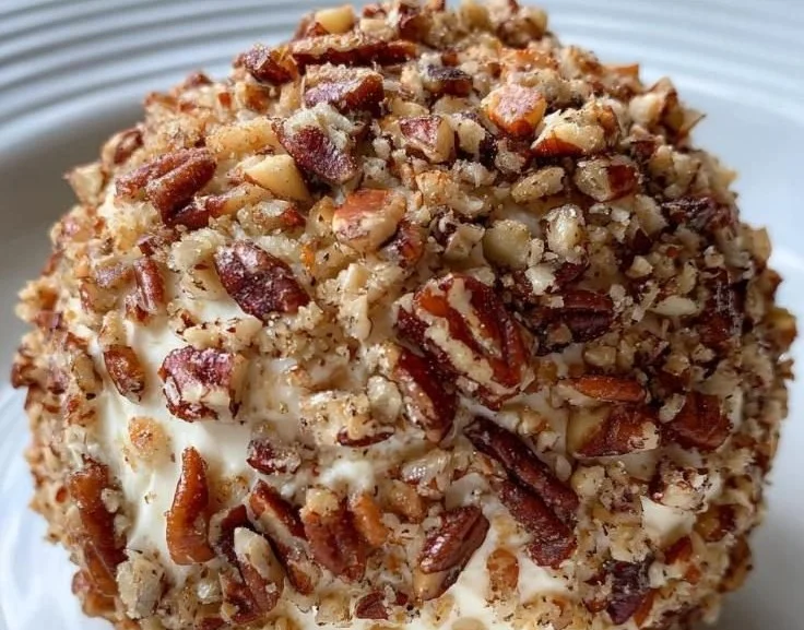 Delicious cheese ball garnished with herbs and served with crackers