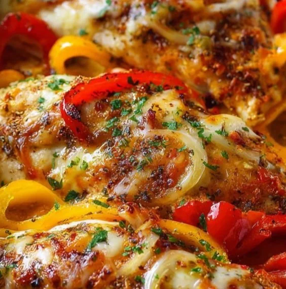 Cheesy baked chicken breast served with colorful bell peppers