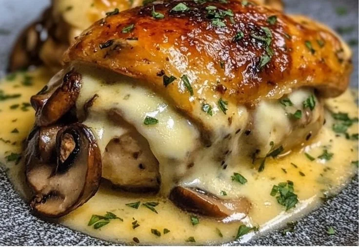Cheesy garlic butter mushroom stuffed chicken served on a plate