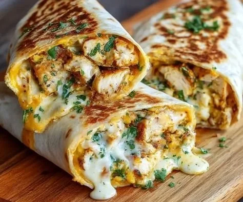Cheesy garlic chicken wraps with fresh ingredients and melted cheese