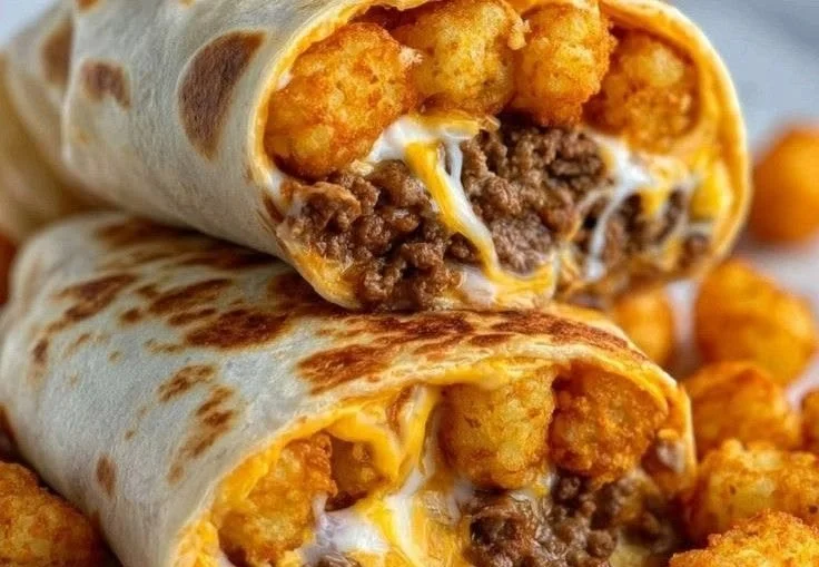 Cheesy potato burritos filled with crispy tater tots on a colorful plate