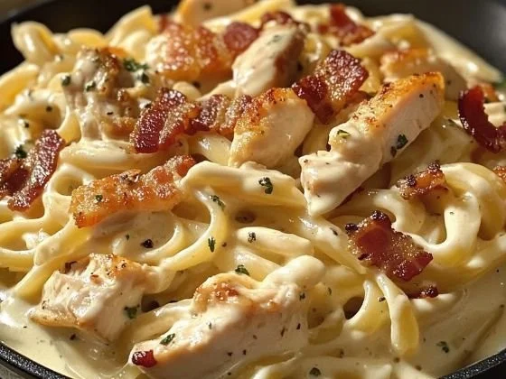 Delicious Chicken Bacon Ranch Pasta garnished with fresh herbs