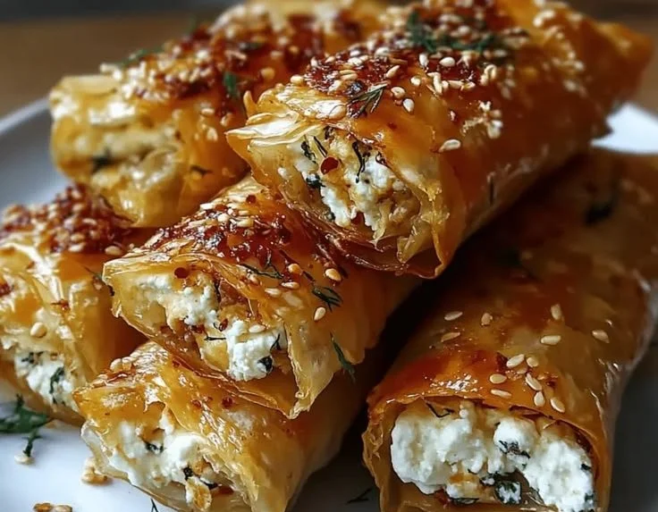 Chili honey drizzled over feta rolls, showcasing a spicy and sweet appetizer.
