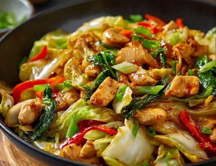 Chinese Chicken Cabbage Stir Fry with vibrant vegetables and tender chicken