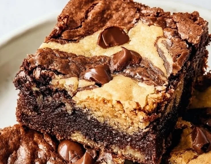 Homemade chocolate chip cookie brownie bars on a plate