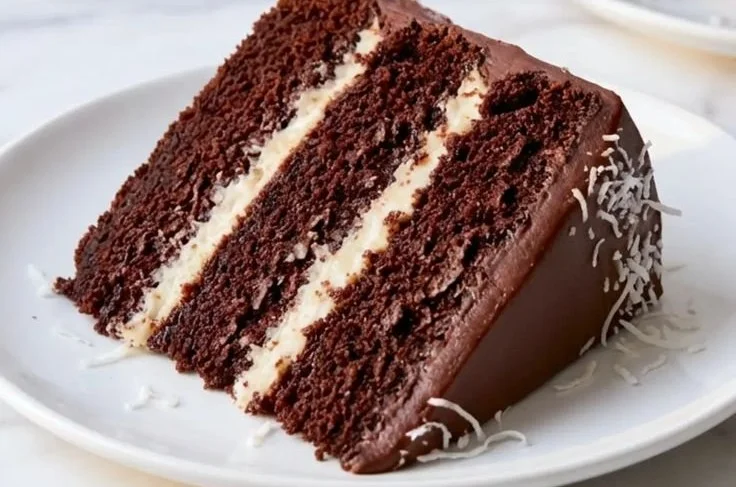 Delicious Chocolate Coconut Cake topped with shredded coconut.