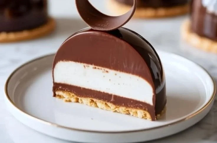 Decadent Chocolate Dome dessert with glossy chocolate coating and rich filling.