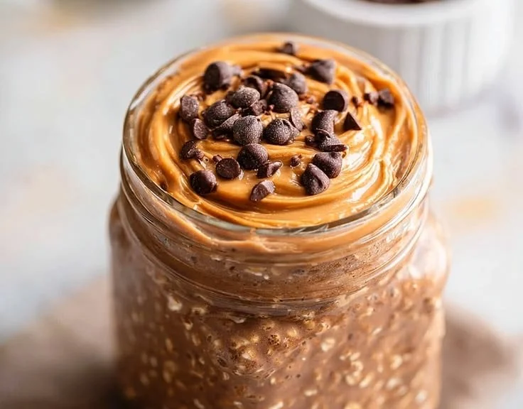 A bowl of chocolate peanut butter overnight oats topped with banana slices and chia seeds.