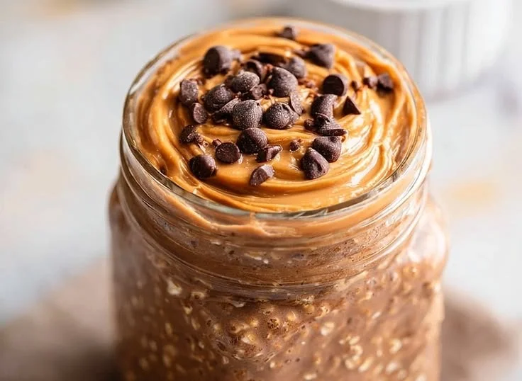 Bowl of chocolate peanut butter overnight oats topped with banana and nuts