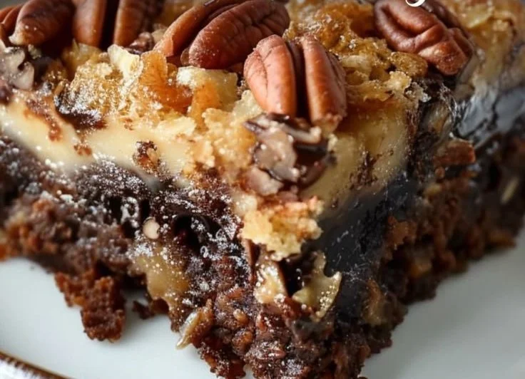 Chocolate Pecan Ooey Gooey Butter Cake topped with pecans and chocolate.