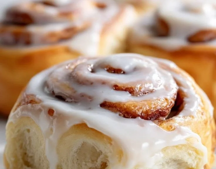 Freshly baked cinnamon rolls topped with cream cheese icing