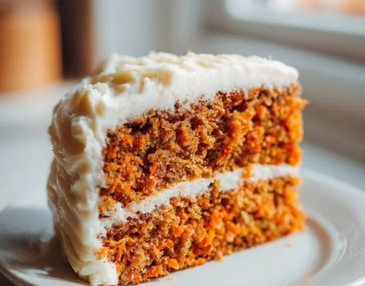 Slice of classic carrot cake with cream cheese frosting on a white plate