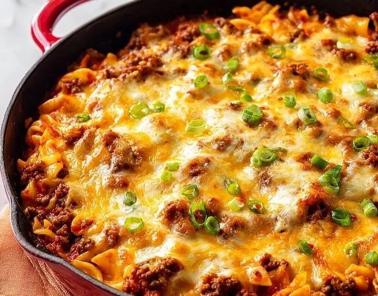 Classic Cheesy Ground Beef Casserole served in a baking dish